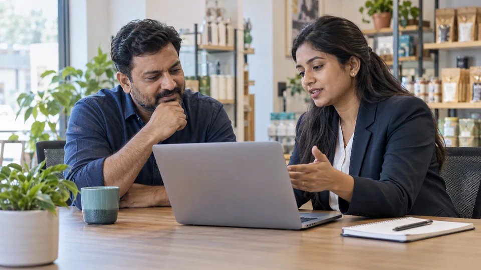 Business owner and software advisor discussing the right ERP setup together
