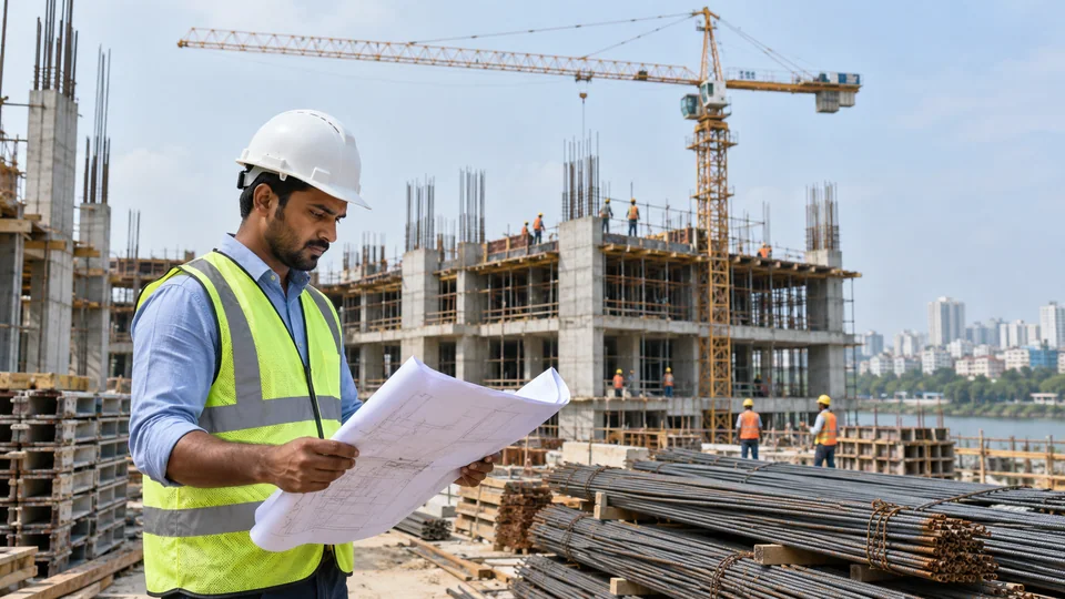 Site engineer reviewing building plans beside a concrete construction project