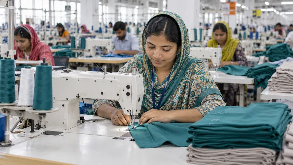 Garment workers sewing fabric on an organized textile production line