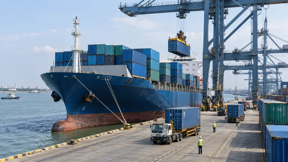 Container cargo ship and port crane handling overseas import shipments