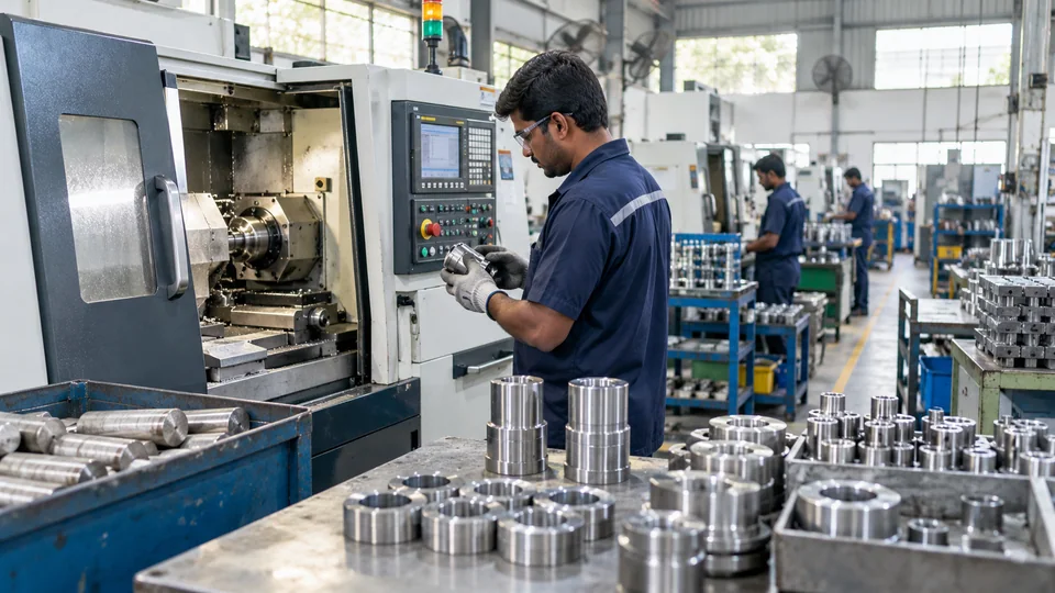 Technicians checking metal components on a factory production floor