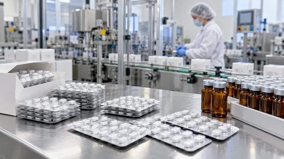 Medicine blister packs and vials beside a pharmaceutical packaging line