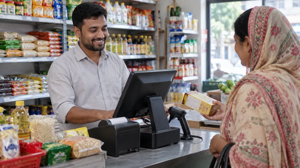 Neighborhood shopkeeper using a checkout terminal, barcode scanner and receipt printer