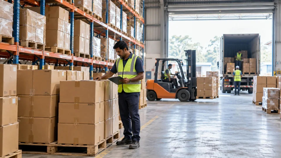 Warehouse cartons, storage racks and a forklift preparing wholesale stock for delivery