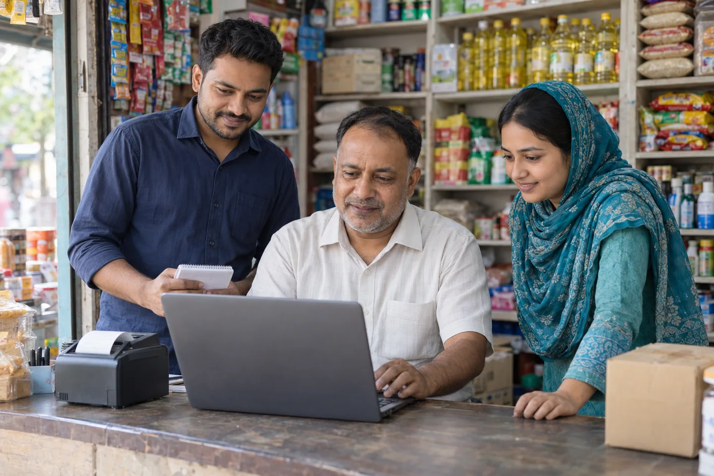 Bangladeshi shop owner and two staff reviewing business records on a laptop at their shop counter